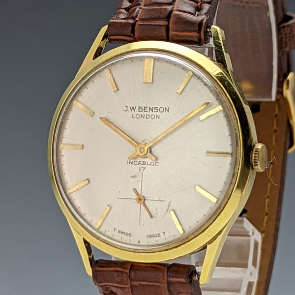 英国ヴィンテージ ベンソン 紳士用腕時計 金張りケース 17石 動作良好